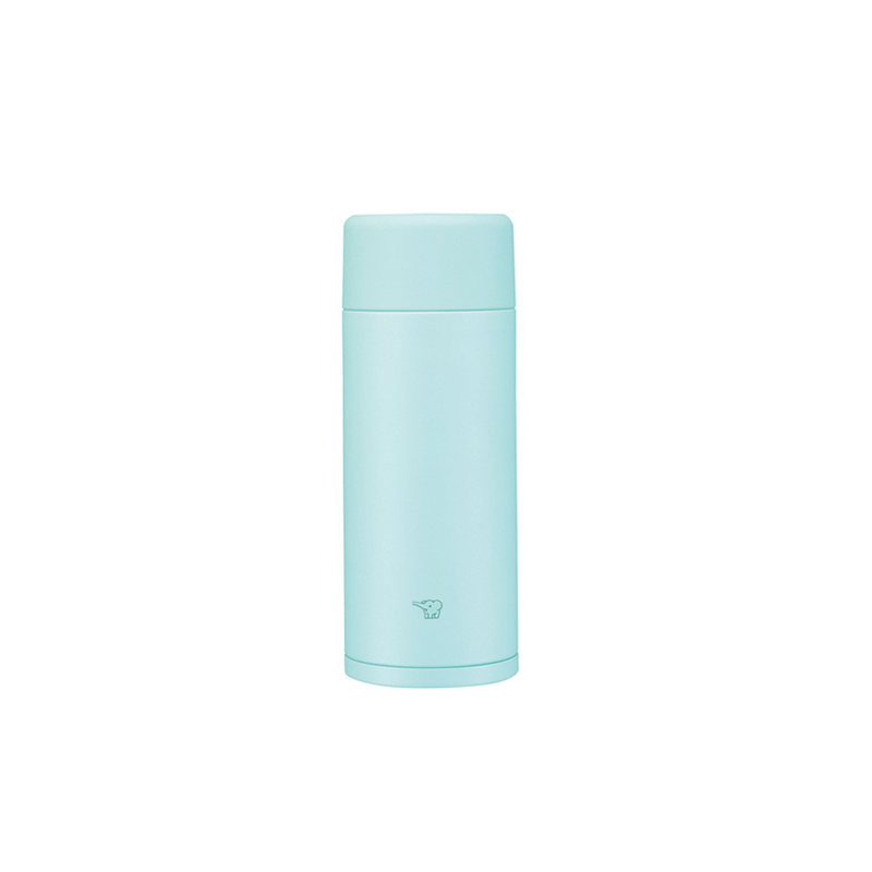 A studio photo of the Zojirushi SM-ZA36 TUFF vacuum insulated flask in mint blue, shown from the front highlighting its minimalist design and seamless screw-top lid.