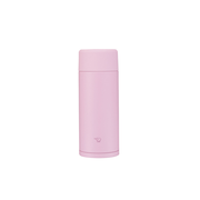 A studio photo of the Zojirushi SM-ZA36 TUFF vacuum insulated flask in pale orchid pink, shown from the front highlighting its minimalist design and seamless screw-top lid.