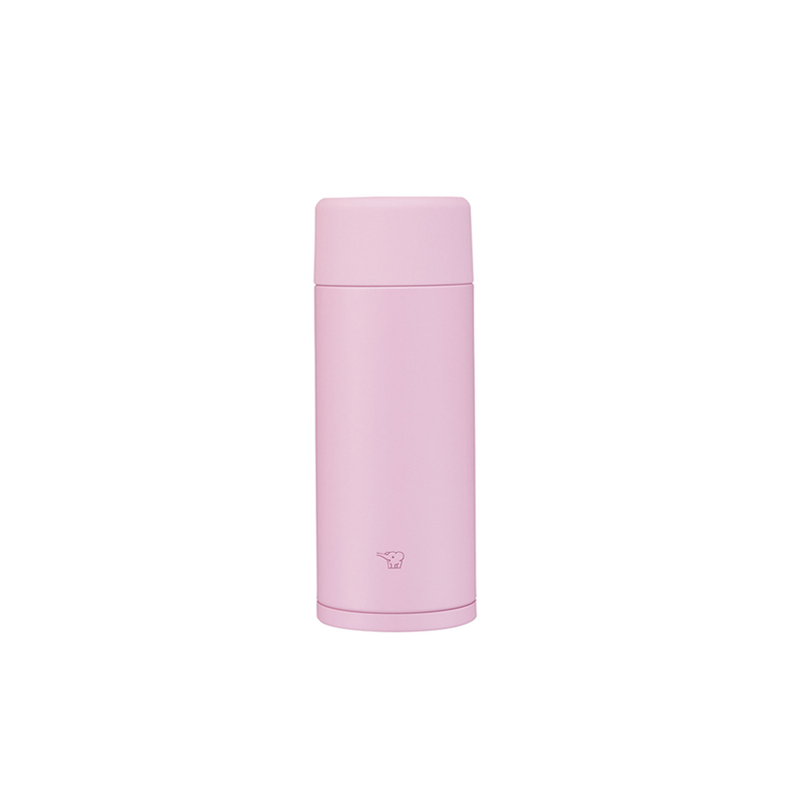 A studio photo of the Zojirushi SM-ZA36 TUFF vacuum insulated flask in pale orchid pink, shown from the front highlighting its minimalist design and seamless screw-top lid.